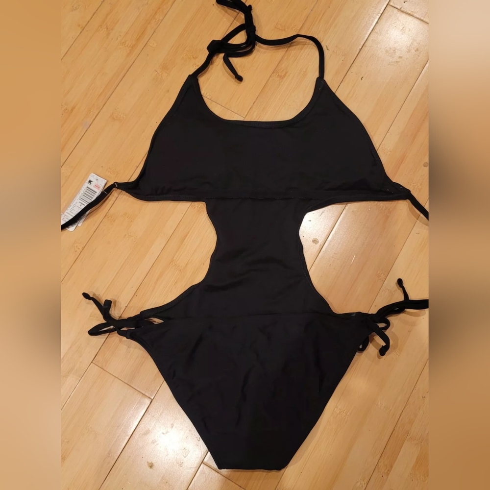 Punk Bongo black gold studded stud Monokini swim suit string tie bikini S - Picture 2 of 6